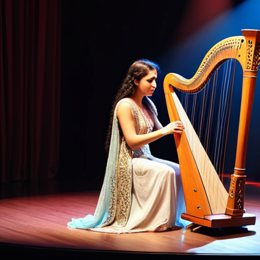 **

A harpist performing on stage in Türkiye, bathed in warm spotlights. The harp is ornately decorated with traditional Turkish motifs. The musician is elegant, and the audience appears mesmerized. Capture the spiritual and calming effect of the harp music.

**