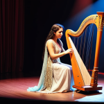 **

A harpist performing on stage in Türkiye, bathed in warm spotlights. The harp is ornately decorated with traditional Turkish motifs. The musician is elegant, and the audience appears mesmerized. Capture the spiritual and calming effect of the harp music.

**