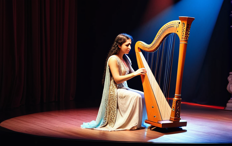 **
A harpist performing on stage in Türkiye, bathed in warm spotlights. The harp is ornately decorated with traditional Turkish motifs. The musician is elegant, and the audience appears mesmerized. Capture the spiritual and calming effect of the harp music.
**