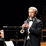 A professional classical musician, fully clothed in a modest, formal concert gown or suit, gracefully playing a clarinet on stage in a grand concert hall. The musician's posture is natural and composed, with well-formed hands and proper finger count meticulously placed on the clarinet's keys. The focus is on the elegant design of the ebony instrument and the musician's serene expression. The background features a subtle, blurred orchestral setting. Perfect anatomy, correct proportions, natural body proportions, appropriate attire, safe for work, appropriate content, family-friendly, professional photography, high quality.
