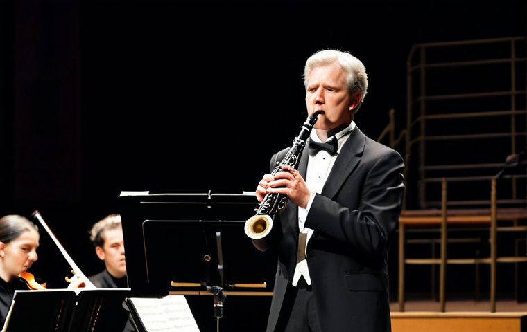 A professional classical musician, fully clothed in a modest, formal concert gown or suit, gracefully playing a clarinet on stage in a grand concert hall. The musician's posture is natural and composed, with well-formed hands and proper finger count meticulously placed on the clarinet's keys. The focus is on the elegant design of the ebony instrument and the musician's serene expression. The background features a subtle, blurred orchestral setting. Perfect anatomy, correct proportions, natural body proportions, appropriate attire, safe for work, appropriate content, family-friendly, professional photography, high quality.