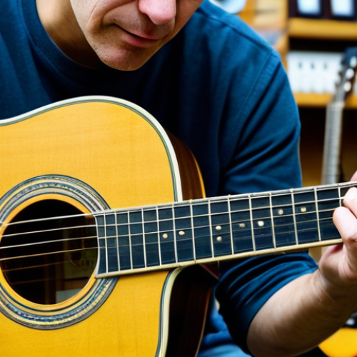 Home 18 A professional, fully clothed expert in modest, appropriate attire meticulously inspecting a used acoustic guitar in a well-lit, clean music store workshop. The expert holds the guitar at eye level, examining the neck for straightness and gently running fingers over the fretboard to check for fret wear and dryness. Focus on close-up details of the guitar's body, showcasing slight imperfections, peeling paint around the edges, and tiny hairline cracks near the bridge. The scene emphasizes careful scrutiny and a natural pose. Perfect anatomy, correct proportions, well-formed hands, proper finger count, natural body proportions. Professional photography, high quality, safe for work, appropriate content, family-friendly.