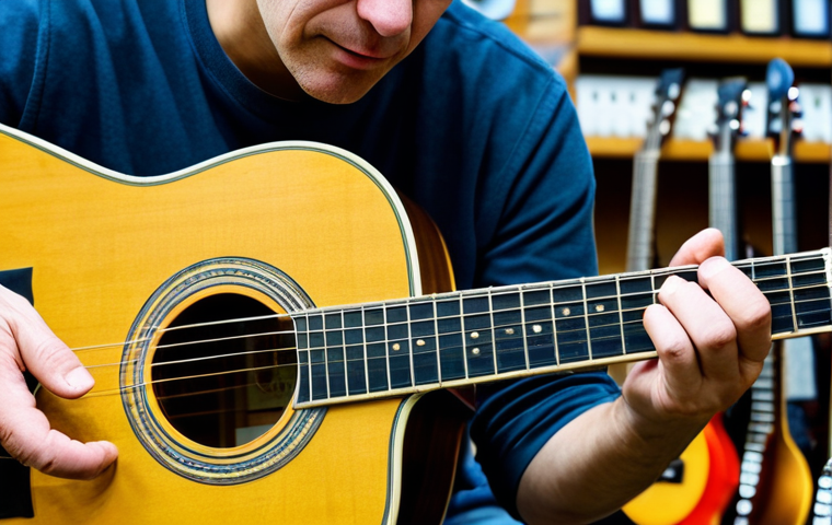 A professional, fully clothed expert in modest, appropriate attire meticulously inspecting a used acoustic guitar in a well-lit, clean music store workshop. The expert holds the guitar at eye level, examining the neck for straightness and gently running fingers over the fretboard to check for fret wear and dryness. Focus on close-up details of the guitar's body, showcasing slight imperfections, peeling paint around the edges, and tiny hairline cracks near the bridge. The scene emphasizes careful scrutiny and a natural pose. Perfect anatomy, correct proportions, well-formed hands, proper finger count, natural body proportions. Professional photography, high quality, safe for work, appropriate content, family-friendly.