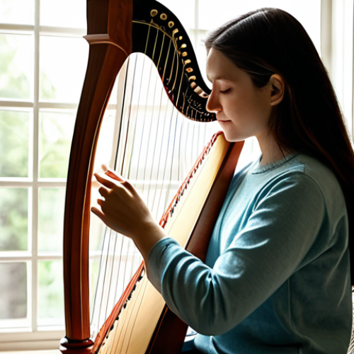 Home 17 A serene woman, fully clothed in modest, comfortable attire, gently playing a small, light-colored Celtic harp in a sunlit, cozy living room. She is focused on the sheet music on a stand, with natural light streaming through a window. The scene captures a quiet moment of learning and practice. Perfect anatomy, well-formed hands, natural body proportions, correct proportions, safe for work, appropriate content, family-friendly, professional photography, high quality, realistic.