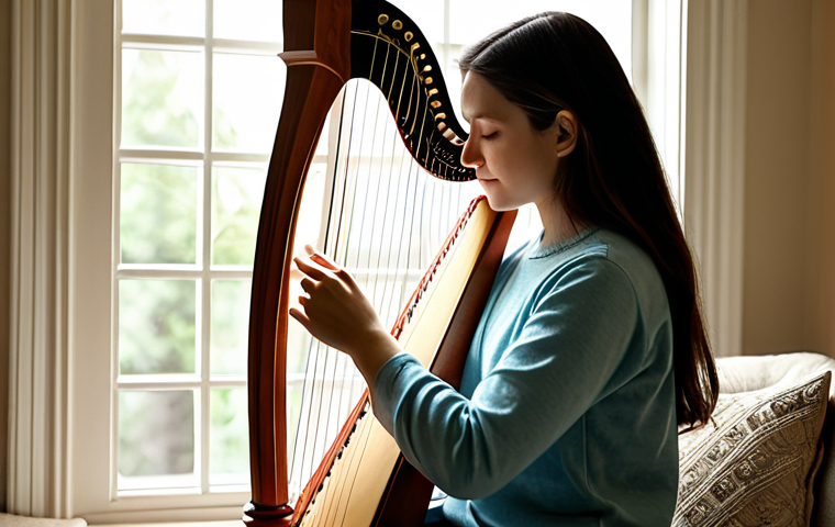 A serene woman, fully clothed in modest, comfortable attire, gently playing a small, light-colored Celtic harp in a sunlit, cozy living room. She is focused on the sheet music on a stand, with natural light streaming through a window. The scene captures a quiet moment of learning and practice. Perfect anatomy, well-formed hands, natural body proportions, correct proportions, safe for work, appropriate content, family-friendly, professional photography, high quality, realistic.