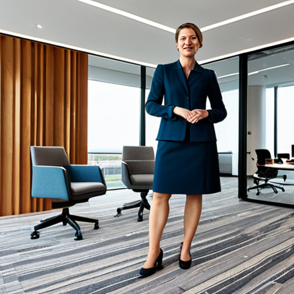 A professional female interior designer, fully clothed in a modest business dress, standing confidently in a modern, open-plan office space. The office features acoustic design elements: walls partially clad with warm wooden panels, large sound-absorbing fabric art installations, and a thick, patterned carpet on the floor. Natural light streams through large windows. The scene emphasizes acoustic comfort and sophisticated design. The subject has perfect anatomy, correct proportions, and a natural pose, with well-formed hands and proper finger count. This is a safe for work, appropriate content, professional, and family-friendly image, with high-quality professional photography.