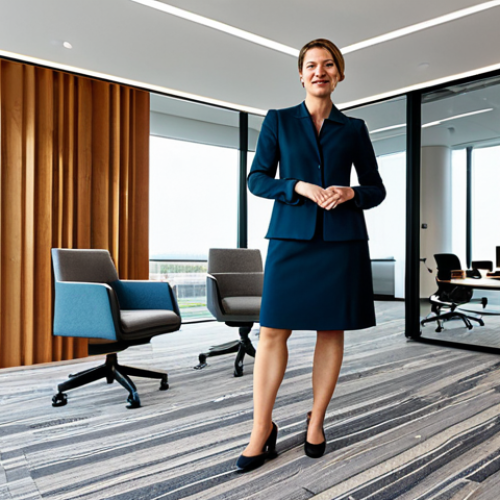 Home 6 A professional female interior designer, fully clothed in a modest business dress, standing confidently in a modern, open-plan office space. The office features acoustic design elements: walls partially clad with warm wooden panels, large sound-absorbing fabric art installations, and a thick, patterned carpet on the floor. Natural light streams through large windows. The scene emphasizes acoustic comfort and sophisticated design. The subject has perfect anatomy, correct proportions, and a natural pose, with well-formed hands and proper finger count. This is a safe for work, appropriate content, professional, and family-friendly image, with high-quality professional photography.
