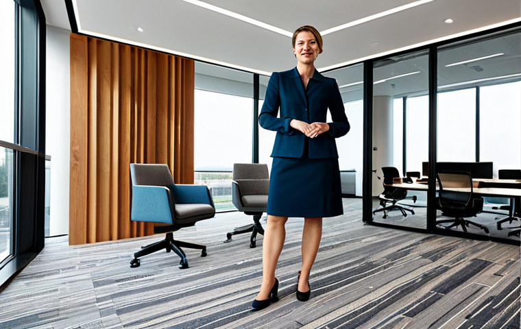 A professional female interior designer, fully clothed in a modest business dress, standing confidently in a modern, open-plan office space. The office features acoustic design elements: walls partially clad with warm wooden panels, large sound-absorbing fabric art installations, and a thick, patterned carpet on the floor. Natural light streams through large windows. The scene emphasizes acoustic comfort and sophisticated design. The subject has perfect anatomy, correct proportions, and a natural pose, with well-formed hands and proper finger count. This is a safe for work, appropriate content, professional, and family-friendly image, with high-quality professional photography.